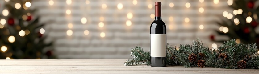 Festive wine bottle with holiday decorations.