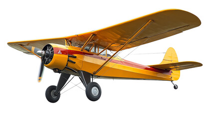 Vintage yellow biplane with propeller, white isolate background