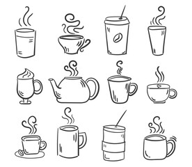 Obraz premium png drink beverage illustration with hot mug espresso latte cartoon cafe cappuccino tea coffee cup outlined drawing black ink vector picture hand-drawn pencil drawing line art
