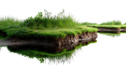 Island of Green Reflections: Lush green patches of land, brimming with vibrant grass, rest serenely on the water's edge. A tranquil reflection of nature's simple beauty.