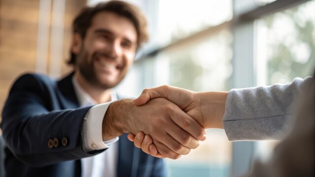 professional development coaching performance Concept. Smiling business professionals shaking hands in an office setting.