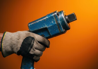 Worn Blue Impact Wrench Held Firmly Against Orange
