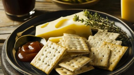 Aged cheese and salty crackers, with tomato sauce served on a rustic wooden table, for appetizer and snacking, with herbal garnish. - Powered by Adobe