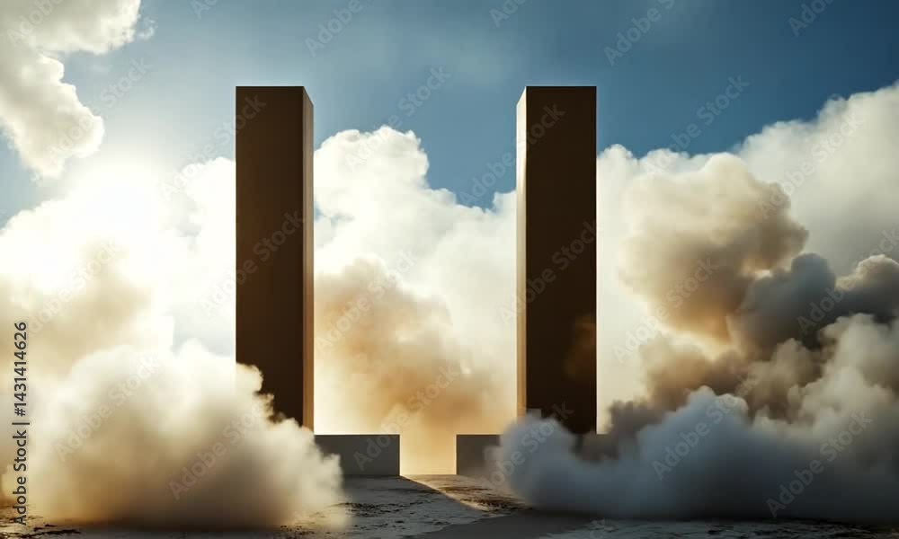 Poster Abstract architectural structure emerging from clouds, creating a dramatic atmosphere at dawn