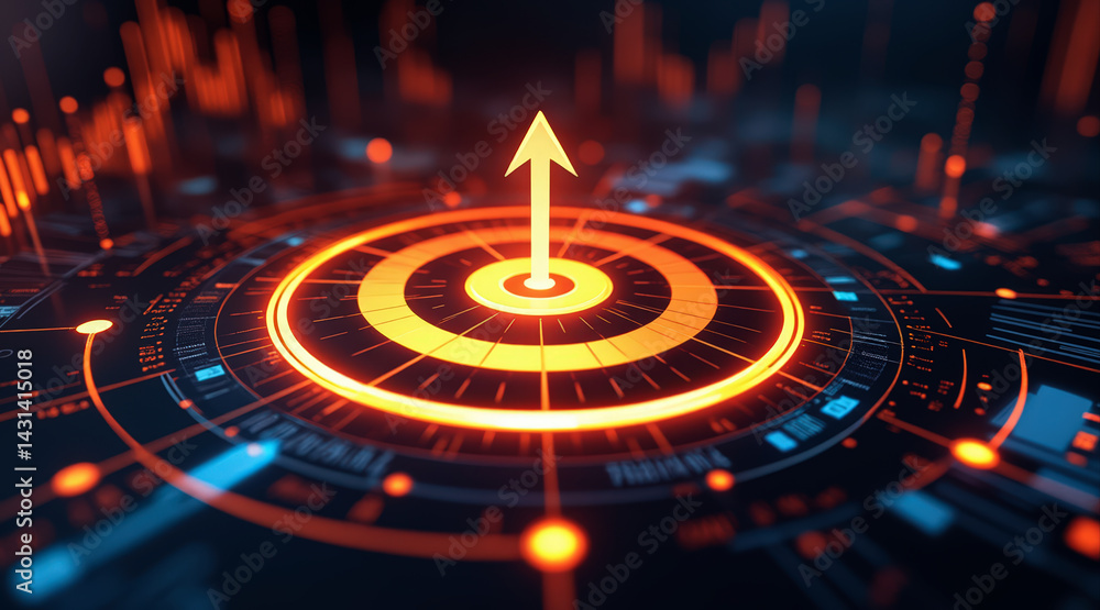 Poster a digital representation featuring concentric circles and an upward arrow, symbolizing progress and 