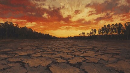 Drought-stricken land, fiery sunset, arid landscape, environmental impact, climate change