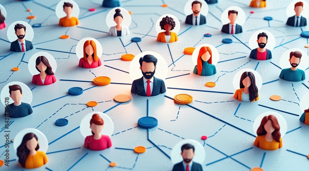 Aufkleber a network of diverse figures connected by lines, symbolizing communication and collaboration within 