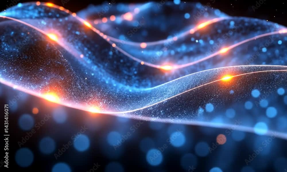 Aufkleber abstract blue and orange glowing waves with sparkling particles in a dark background, creating a ser