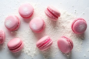 Aerial View of Pink Macarons and Powdered Sugar on White Background - Delicious Pastry Photography