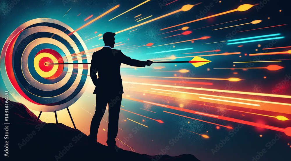 Poster a silhouette of a person aiming at a target, surrounded by colorful arrows indicating focus and dete