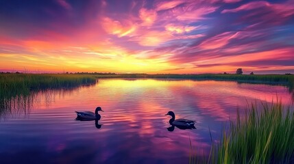 Serene sunset over tranquil lake with ducks