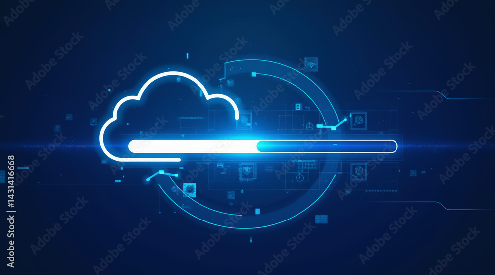 Poster a digital cloud upload icon with a progress bar, set against a dark blue background filled with abst