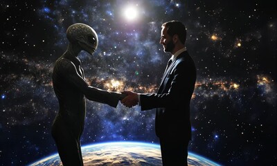 A Businessman Shakes Hands with an Alien Between Earth and Galaxy. Symbolizing Unity and Coexistence Between Civilizations - Powered by Adobe