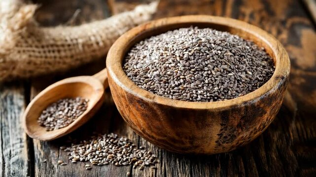 Close-up of dry chia seeds in a wooden bowl with a small spoon and burlap sack on a rustic wood surface.