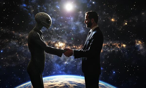 A Businessman Shakes Hands with an Alien Between Earth and Galaxy. Symbolizing Unity and Coexistence Between Civilizations