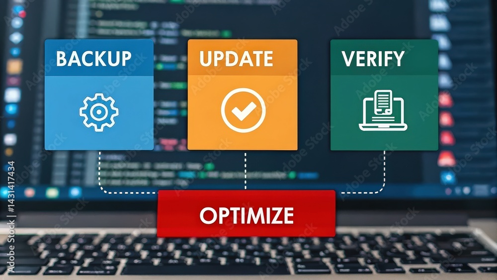 Poster the image illustrates computer optimization tasks: backup, update, and verify, featuring colorful ic