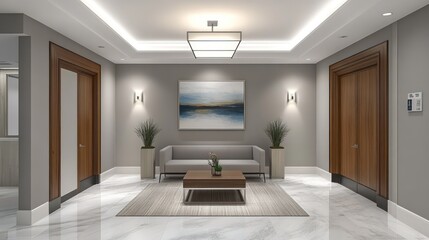 Fototapeta premium Modern lobby waiting area with sofa, doors, and artwork