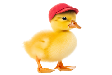 Yellow baby Duckling  with orange feet wearing a tiny red cap, isolated on white background
