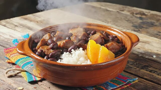 Feijoada, close-up of a steaming bowl of feijoada with rice and orange slices, placed on a traditional Brazilian table, vibrant and hearty mood

