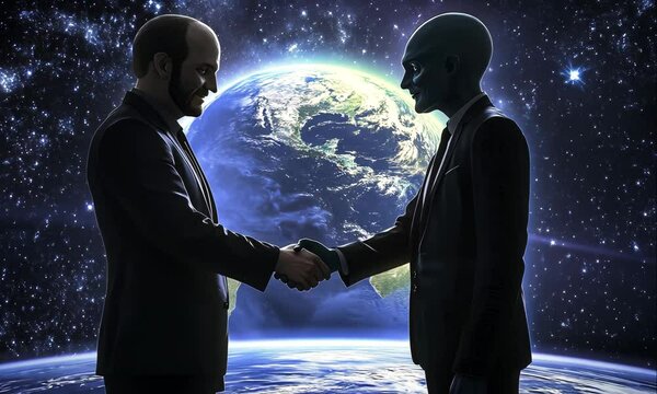 Handshake Between Human and Alien, in Space, with Earth and Galaxy in the Background. Symbolizing Diplomacy and Universal Understanding