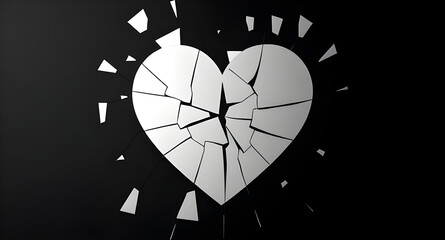 Shattered Mirror in the Shape of a Human Heart on Black Background – Symbolic Isolated Object for Emotional, Psychological, or Conceptual Design Projects