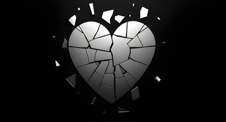 Shattered Mirror in the Shape of a Human Heart on Black Background – Symbolic Isolated Object for Emotional, Psychological, or Conceptual Design Projects
