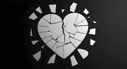 Shattered Mirror in the Shape of a Human Heart on Black Background – Symbolic Isolated Object for Emotional, Psychological, or Conceptual Design Projects