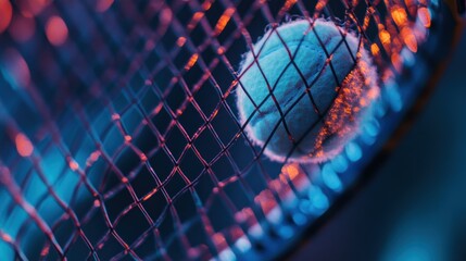Tennis ball in a net, vibrant lighting
