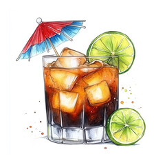 Mai tai cocktail with ice cubes, lime wheel, mint leaves and black straw in a lowball glass. Watercolor illustration isolated on white background. Exotic tiki drink. Summer cocktail and tropical vacat