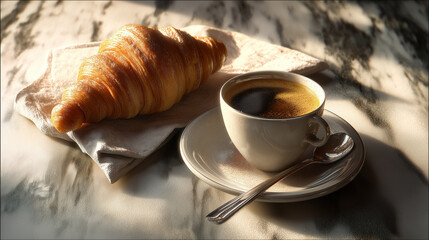 Fresh Croissant and Espresso in Soft Morning Light