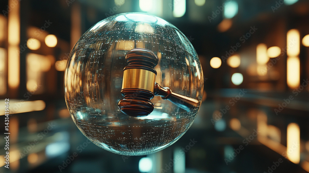 Poster 3d rendered transparent sphere with hovering gavel in elegant environment capturing the essence of j