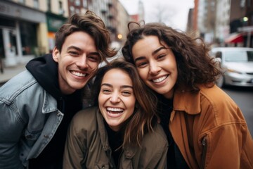 Obraz premium Smiling three young friends posing for a shot in the city