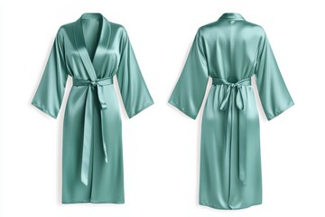 Elegant green satin robe with a wrap-around design and tied waist, presented in front and back views against a crisp white background.