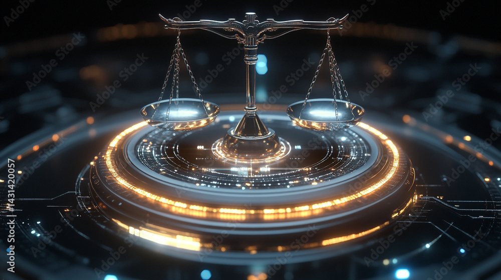 Poster digital representation of justice with scales balancing inside a rotating cybernetic sphere emphasiz