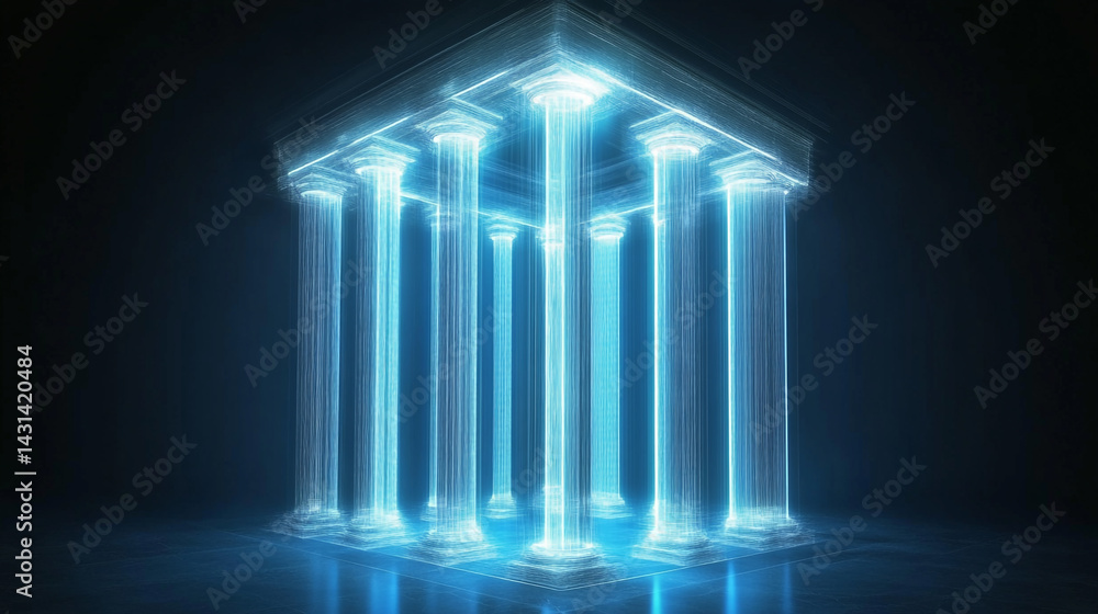 Poster holographic vertical columns in a glowing court setting with ethereal light effects showcasing advan