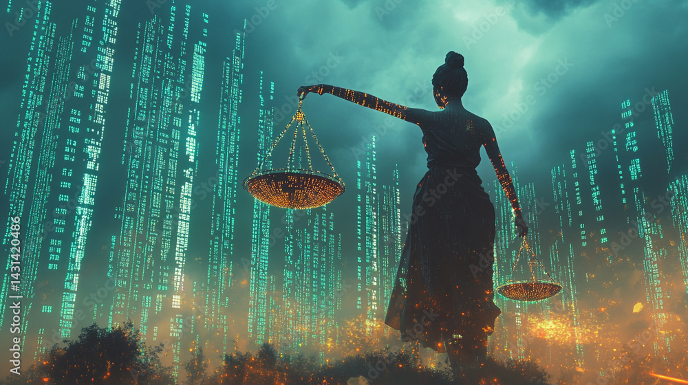 Poster dynamic representation of justice balancing icons in a digital landscape with emerging elements of c