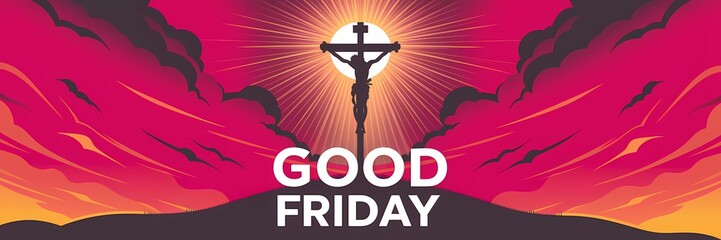 Silhouette of Jesus Christ crucified on a hill radiating golden divine light against a dramatic sky with bold GOOD FRIDAY text below symbolizing sacrifice redemption and solemn spiritual reflection