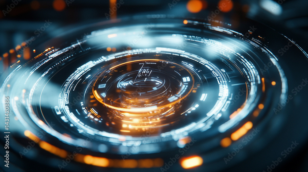 Poster futuristic circular lens with reflected data and scales of legal information encased in a modern int