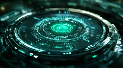 Futuristic Digital Interface with Green Circular Pattern and Reflected Elements for Legal Technology and Data Analysis Applications