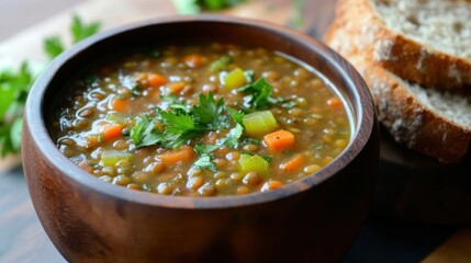 Hearty Lentil Soup: Rustic Wooden Bowl, Warm Autumnal Tones