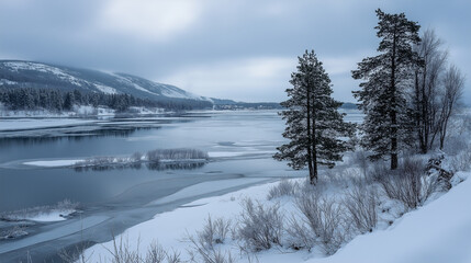 Frozen Lake in Northern Norway Surrounded by Snow-Covered Trees