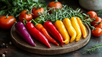 Colorful chili peppers and fresh herbs on rustic wooden plate with tomatoes around.