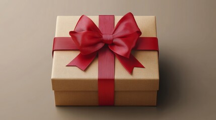 Elegant gift box with red ribbon bow on neutral background for celebration.