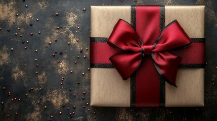 Elegant beige gift box with red ribbon bow on festive dark textured background.