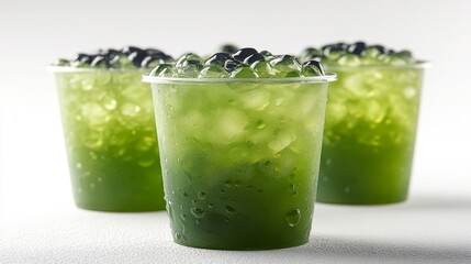 Iced green bubble tea drinks with tapioca pearls in plastic cups on white surface.