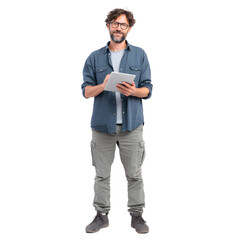 Naklejka premium A man stands holding a tablet in front of him, wearing glasses, a shirt, cargo pants, and shoes on a solid background.