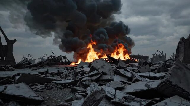 Desolate Landscape of a Warzone Surrounded by Flames and Smoke