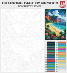Color by Number Printable – Colorful Tropical Coastline with Cliffs and Palm Trees, Advanced Exotic Beach Coloring Page