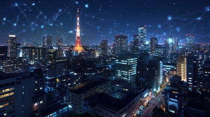 Tokyo cityscape at night, network connections, illuminated buildings, futuristic technology, website banner