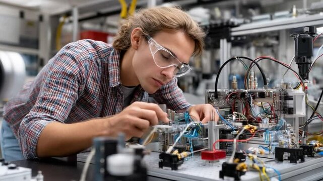 Precision and Innovation: A dedicated engineer concentrates on intricate electrical work, surrounded by complex machinery in a high-tech lab setting.